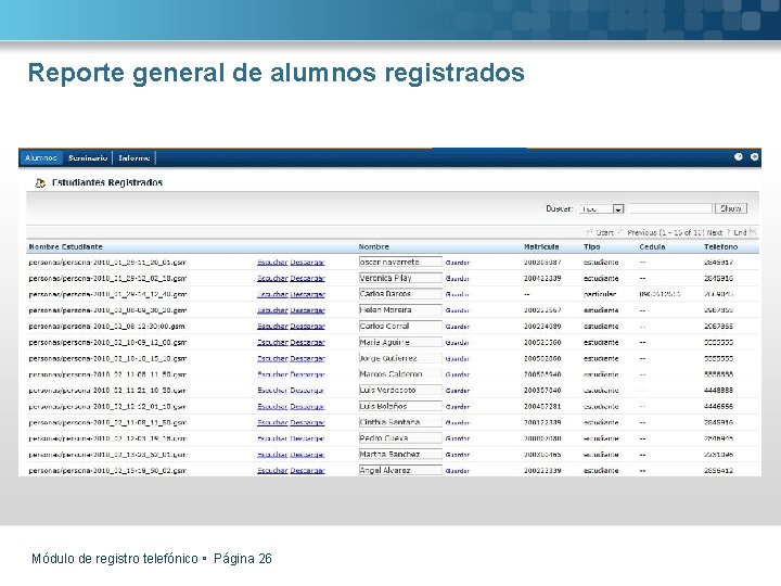 Reporte general de alumnos registrados Módulo de registro telefónico Página 26 