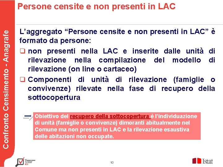 Persone censite e non presenti in LAC Confronto Censimento - Anagrafe Testo L’aggregato “Persone