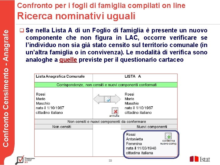 Confronto per i fogli di famiglia compilati on line Ricerca nominativi uguali Confronto Censimento