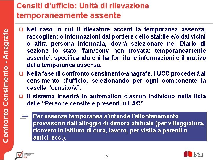 Censiti d’ufficio: Unità di rilevazione temporaneamente assente Confronto Censimento - Anagrafe Testo q Nel