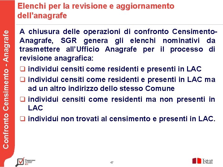 Elenchi per la revisione e aggiornamento dell’anagrafe Confronto Censimento - Anagrafe Testo A chiusura