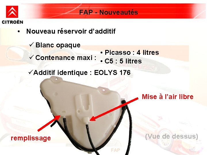 FAP - Nouveautés • Nouveau réservoir d’additif ü Blanc opaque • Picasso : 4 FAP - Nouveautés • Nouveau réservoir d’additif ü Blanc opaque • Picasso : 4