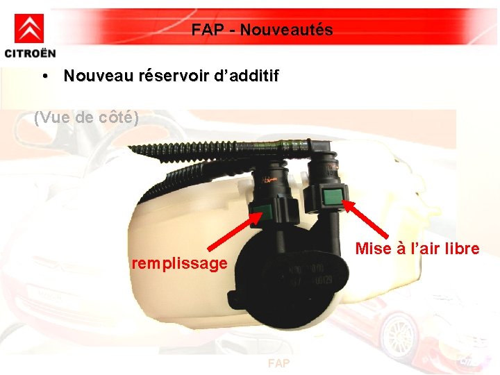 FAP - Nouveautés • Nouveau réservoir d’additif (Vue de côté) Mise à l’air libre FAP - Nouveautés • Nouveau réservoir d’additif (Vue de côté) Mise à l’air libre