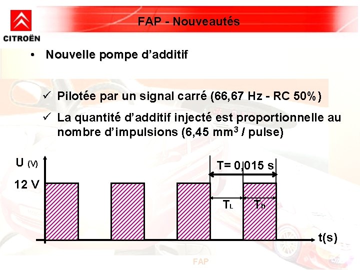 FAP - Nouveautés • Nouvelle pompe d’additif ü Pilotée par un signal carré (66, FAP - Nouveautés • Nouvelle pompe d’additif ü Pilotée par un signal carré (66,