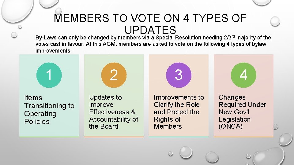 MEMBERS TO VOTE ON 4 TYPES OF UPDATES By-Laws can only be changed by