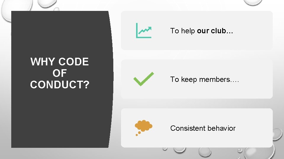 To help our club… WHY CODE OF CONDUCT? To keep members…. Consistent behavior 