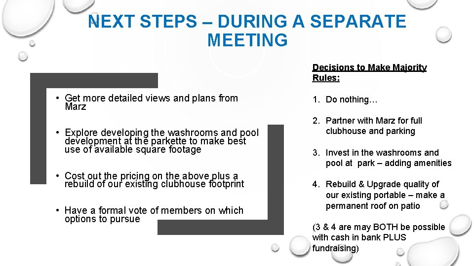 NEXT STEPS – DURING A SEPARATE MEETING Decisions to Make Majority Rules: • Get