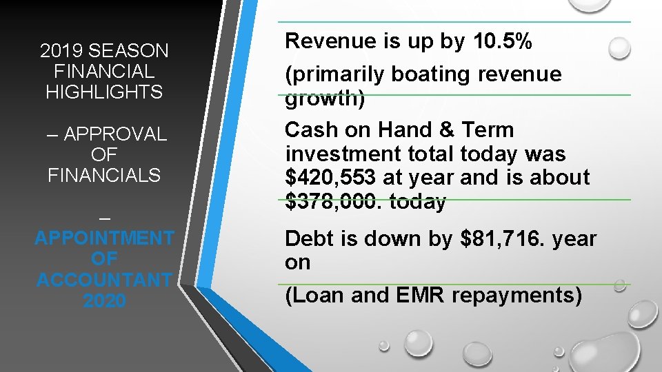 2019 SEASON FINANCIAL HIGHLIGHTS – APPROVAL OF FINANCIALS – APPOINTMENT OF ACCOUNTANT 2020 Revenue