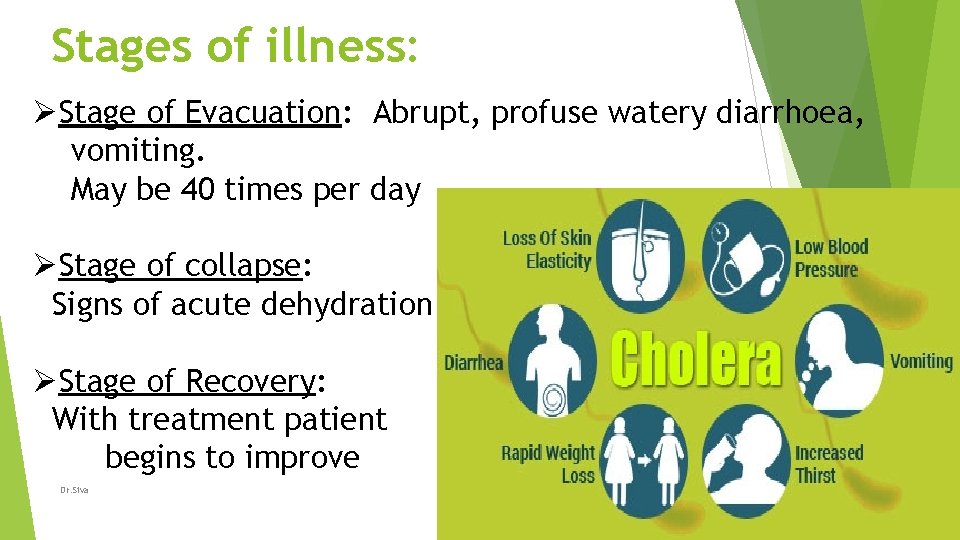 Stages of illness: ØStage of Evacuation: Abrupt, profuse watery diarrhoea, vomiting. May be 40