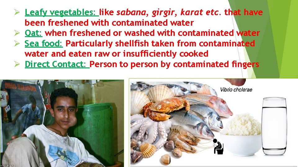 Ø Leafy vegetables: like sabana, girgir, karat etc. that have been freshened with contaminated