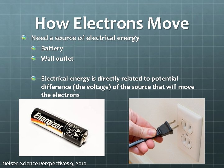 How Electrons Move Need a source of electrical energy Battery Wall outlet Electrical energy