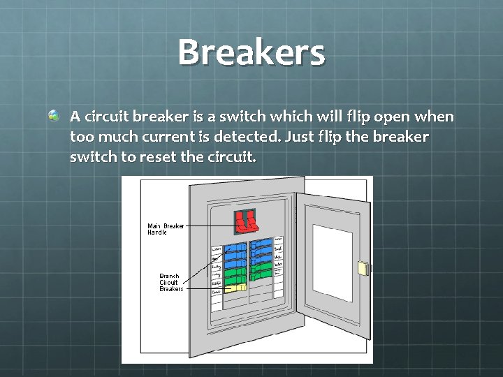 Breakers A circuit breaker is a switch which will flip open when too much