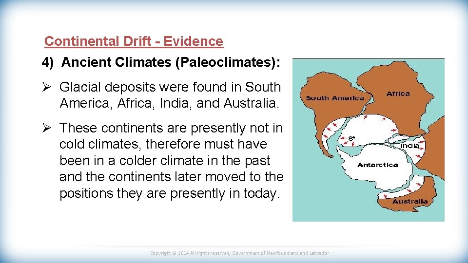 Continental Drift - Evidence 4) Ancient Climates (Paleoclimates): Ø Glacial deposits were found in