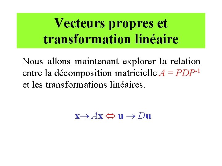 Vecteurs propres et transformation linéaire Nous allons maintenant explorer la relation entre la décomposition