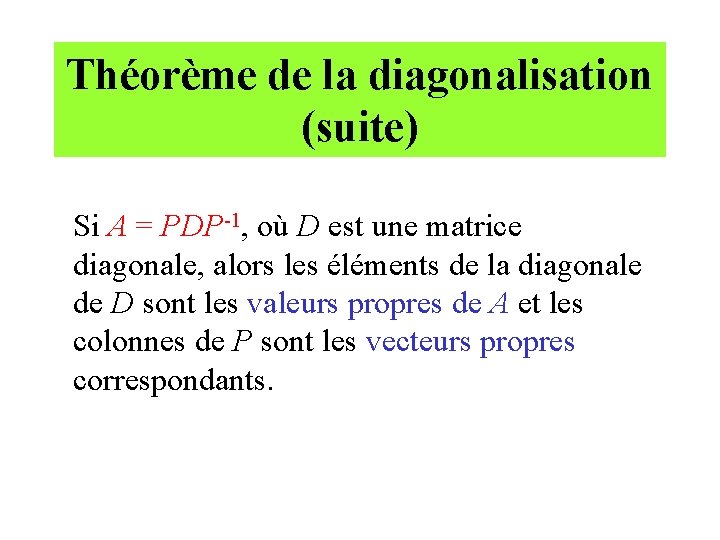 Théorème de la diagonalisation (suite) Si A = PDP-1, où D est une matrice