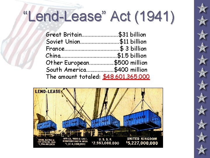 “Lend-Lease” Act (1941) Great Britain. . . $31 billion Soviet Union. . . .
