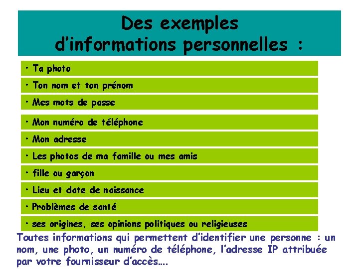 Des exemples d’informations personnelles : • Ta photo • Ton nom et ton prénom