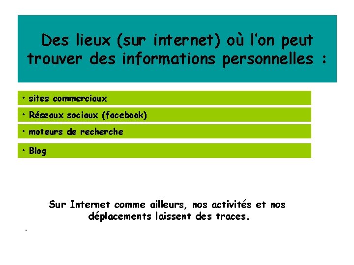 Des lieux (sur internet) où l’on peut trouver des informations personnelles : • sites