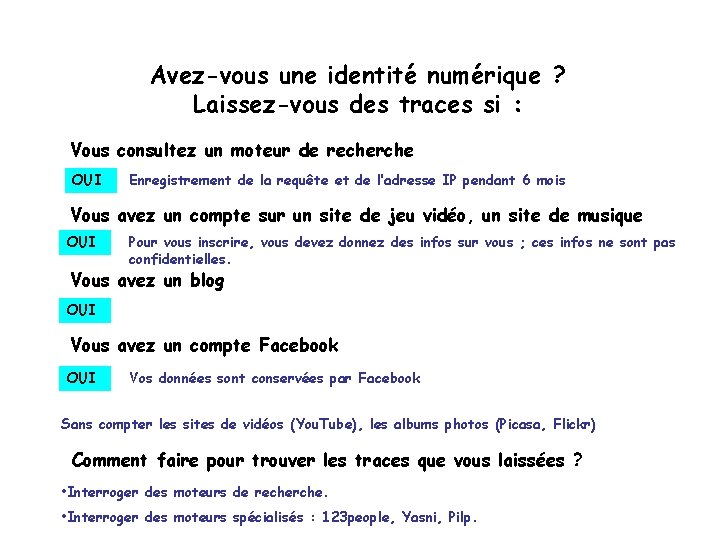 Avez-vous une identité numérique ? Laissez-vous des traces si : Vous consultez un moteur