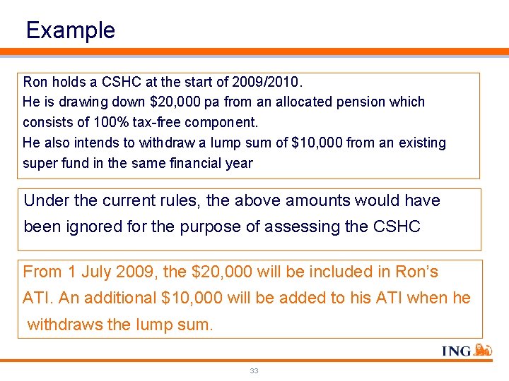 Example Ron holds a CSHC at the start of 2009/2010. He is drawing down