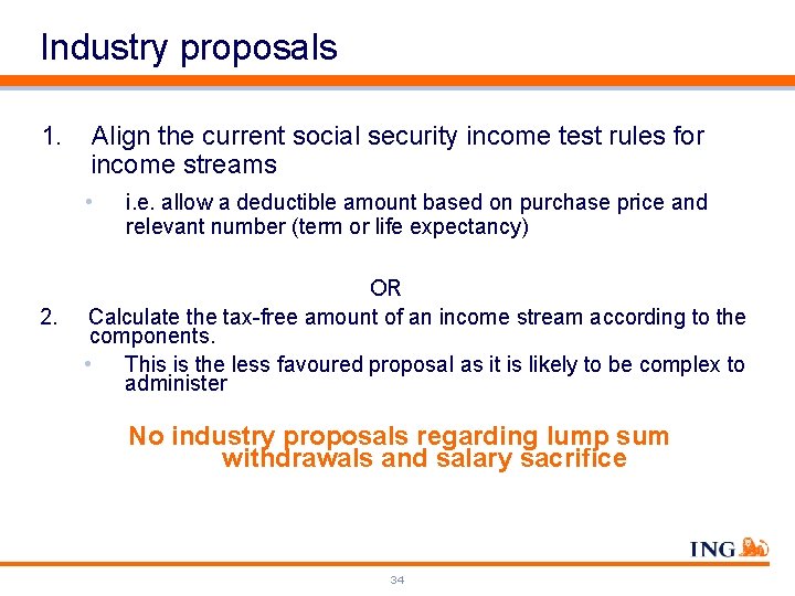 Industry proposals 1. Align the current social security income test rules for income streams