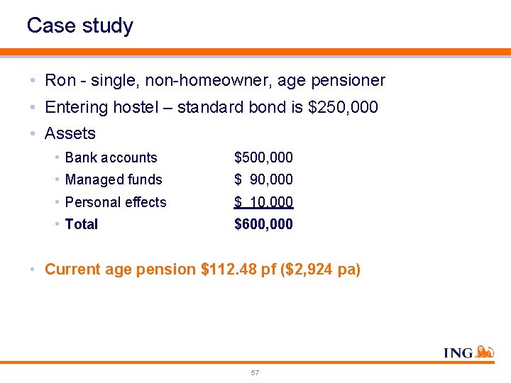 Case study • Ron - single, non-homeowner, age pensioner • Entering hostel – standard