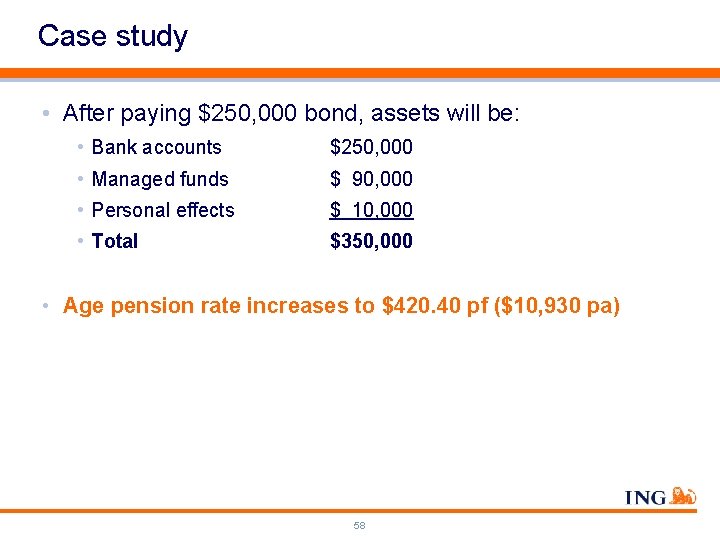 Case study • After paying $250, 000 bond, assets will be: • Bank accounts