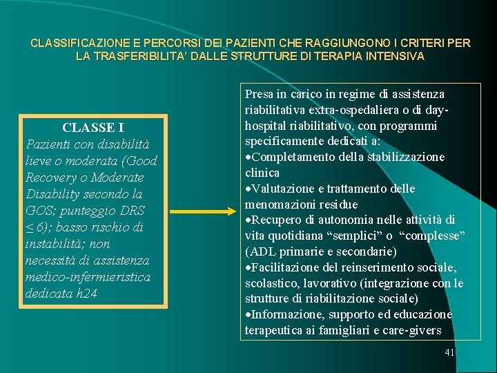 CLASSIFICAZIONE E PERCORSI DEI PAZIENTI CHE RAGGIUNGONO I CRITERI PER LA TRASFERIBILITA’ DALLE STRUTTURE