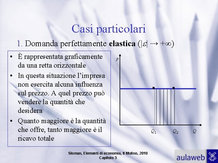 Casi particolari 1. Domanda perfettamente elastica (| | → +∞) • È rappresentata graficamente