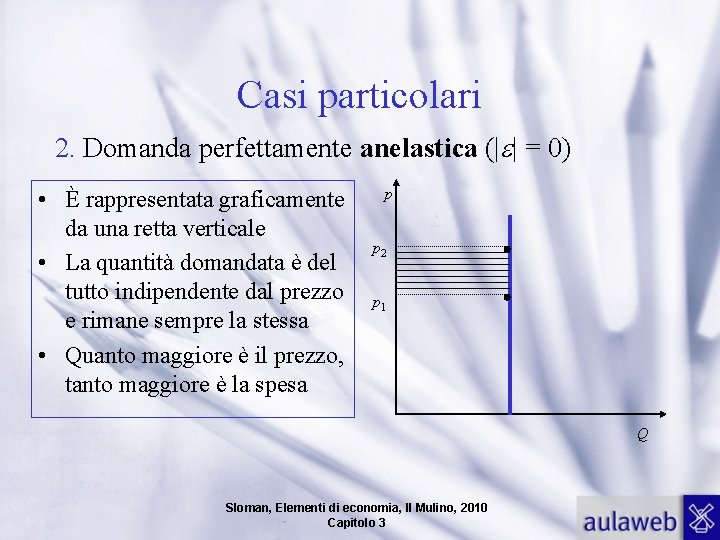 Casi particolari 2. Domanda perfettamente anelastica (| | = 0) • È rappresentata graficamente