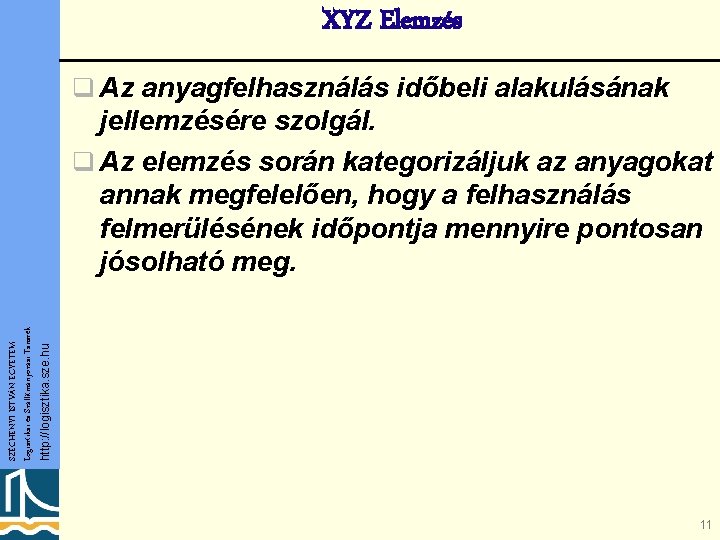 XYZ Elemzés q Az anyagfelhasználás időbeli alakulásának http: //logisztika. sze. hu SZÉCHENYI ISTVÁN EGYETEM