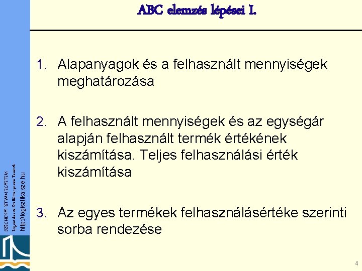 ABC elemzés lépései I. 1. Alapanyagok és a felhasznált mennyiségek meghatározása http: //logisztika. sze.