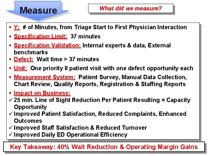 Measure What did we measure? § Y: # of Minutes, from Triage Start to