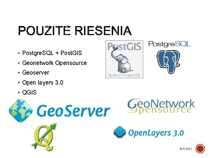 § Postgre. SQL + Post. GIS § Geonetwork Opensource § Geoserver § Open layers