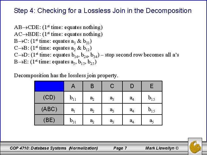 Step 4: Checking for a Lossless Join in the Decomposition AB CDE: (1 st