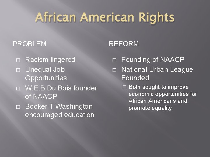 African American Rights PROBLEM � � Racism lingered Unequal Job Opportunities W. E. B