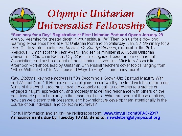 Olympic Unitarian Universalist Fellowship “Seminary for a Day” Registration at First Unitarian Portland Opens