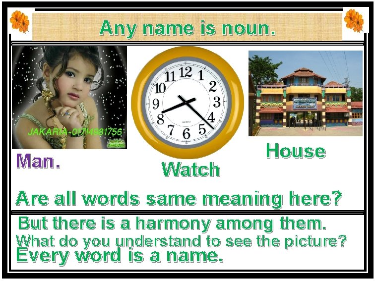 Any name is noun. Man. House Watch Are all words same meaning here? But