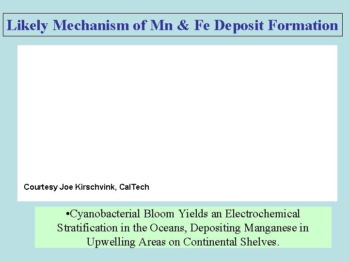 Likely Mechanism of Mn & Fe Deposit Formation Courtesy Joe Kirschvink, Cal. Tech •