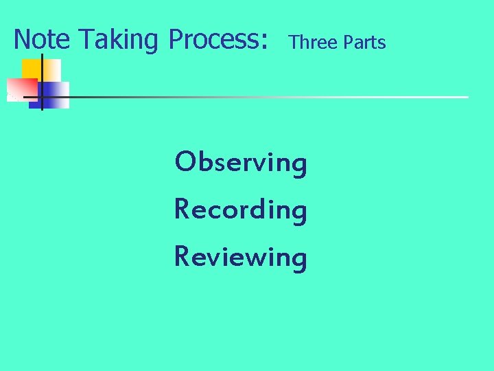 Note Taking Process: Three Parts Observing Recording Reviewing 