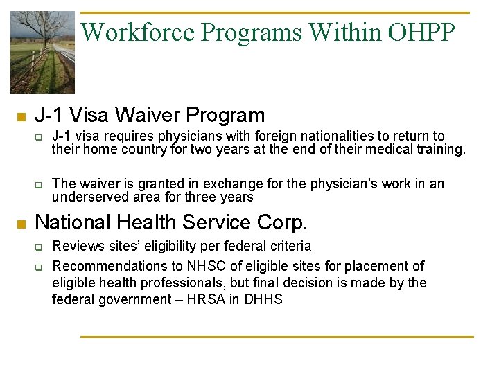 Workforce Programs Within OHPP n J-1 Visa Waiver Program q q n J-1 visa