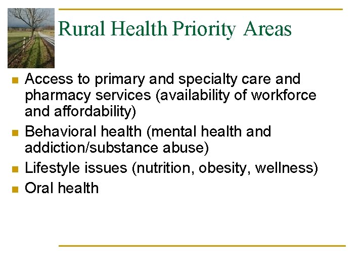 Rural Health Priority Areas n n Access to primary and specialty care and pharmacy