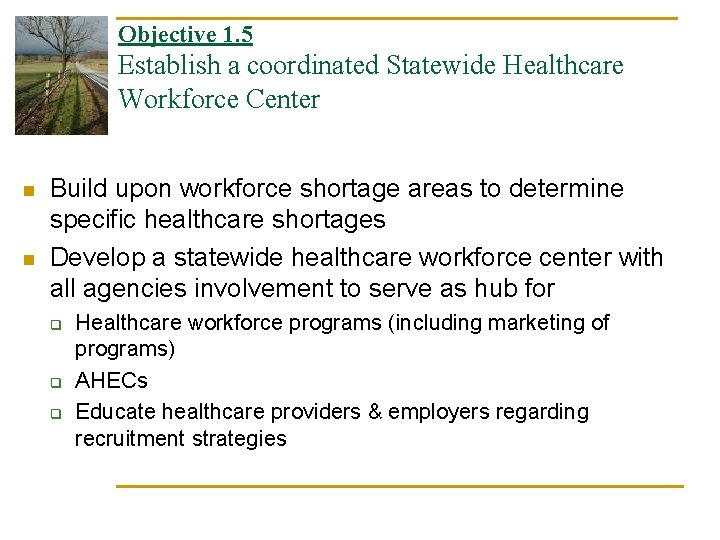 Objective 1. 5 Establish a coordinated Statewide Healthcare Workforce Center n n Build upon