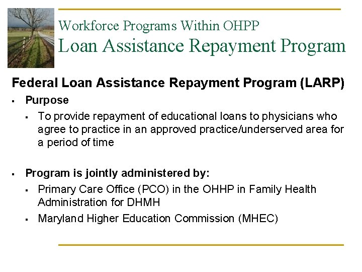 Workforce Programs Within OHPP Loan Assistance Repayment Program Federal Loan Assistance Repayment Program (LARP)