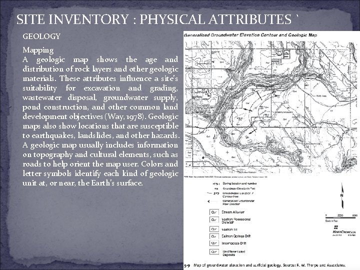 SITE INVENTORY : PHYSICAL ATTRIBUTES ` GEOLOGY Mapping A geologic map shows the age