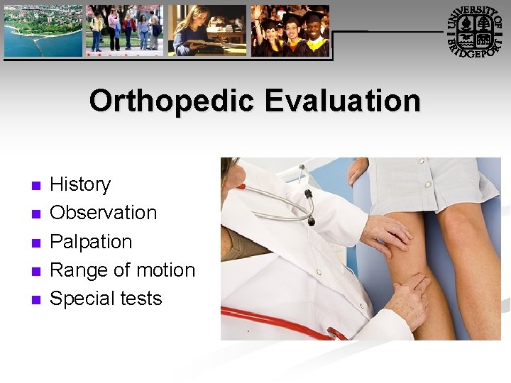 Orthopedic Evaluation n n History Observation Palpation Range of motion Special tests 