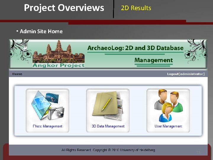 Project Overviews 2 D Results • Admin Site Home 12 