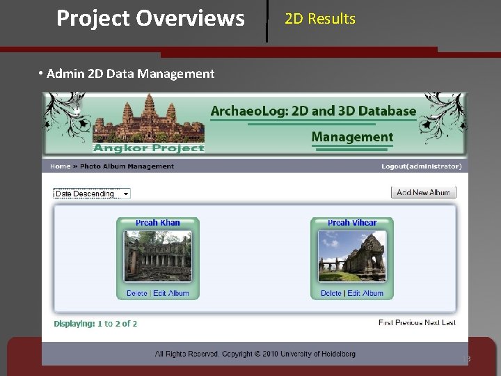 Project Overviews 2 D Results • Admin 2 D Data Management 13 