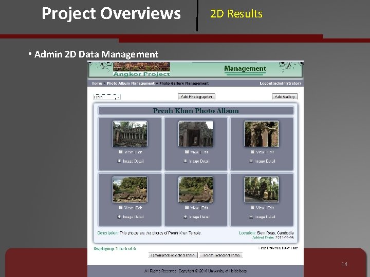 Project Overviews 2 D Results • Admin 2 D Data Management 14 
