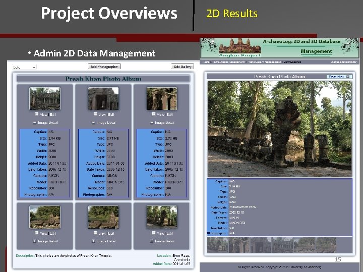 Project Overviews 2 D Results • Admin 2 D Data Management 15 